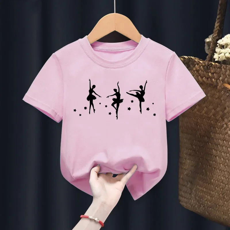 Camiseta infantil estampada em balé com gola redonda, manga curta, camisa base para meninas, roupas infantis, camiseta superior, rosa, dança