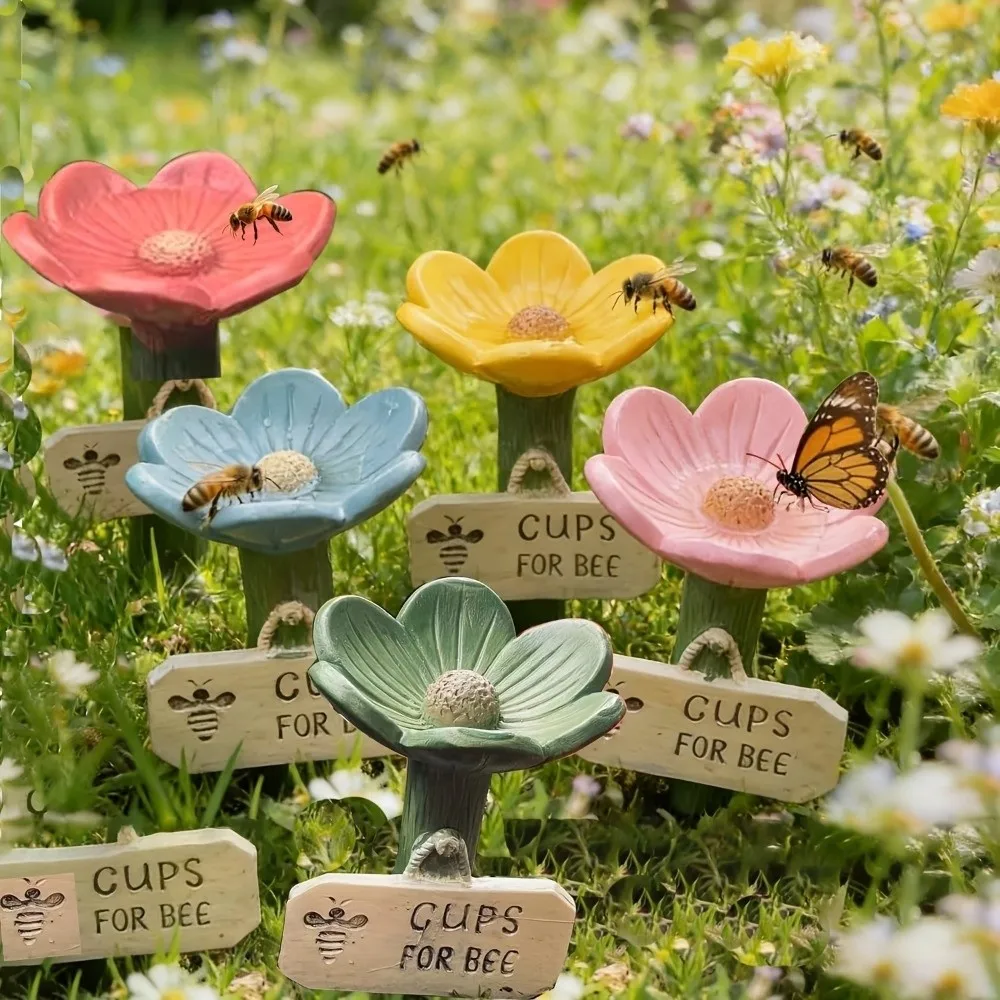 Flower Shape Bee Butterfly Water Dispenser Resin Colorful Bee Watering Station Reusable Garden Decoration Nature Education