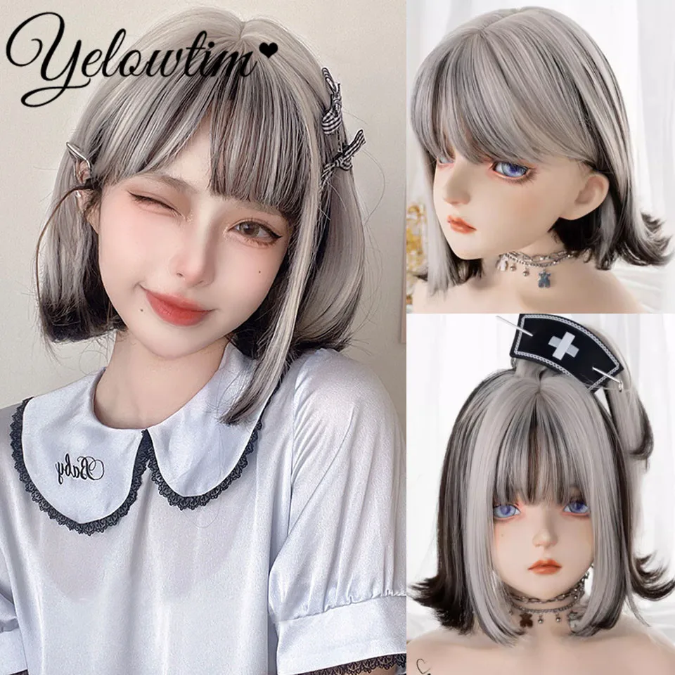 Synthetic Lolita Wig Women's Short Bob black white Hair Lolita Cute JK Spot Dyed Short Curly Hair Wigs For Women heat-resistan