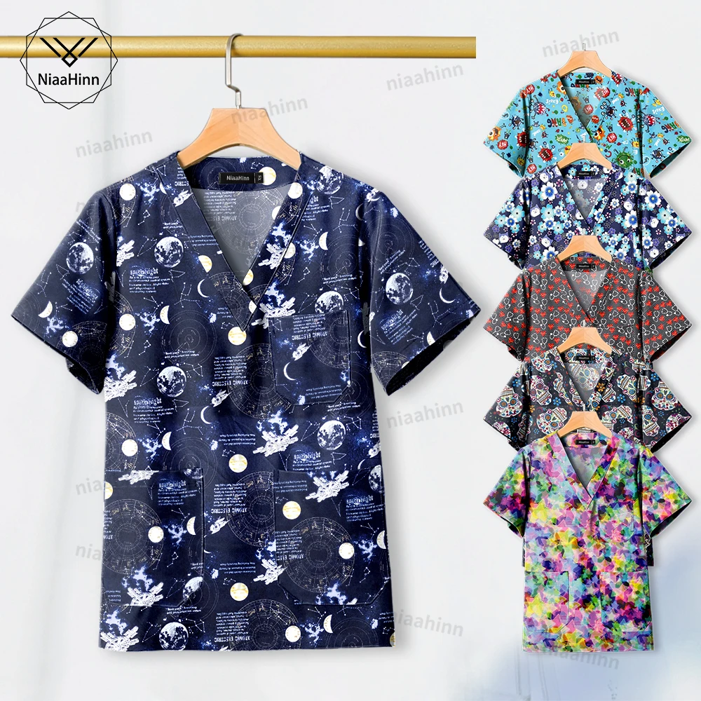 Laboratory Dental Clinic Veterinary Work Scrub Tops Cotton Soft Short Sleeved Shirt Fashion Doctors Nurses Pediatrician Workwear