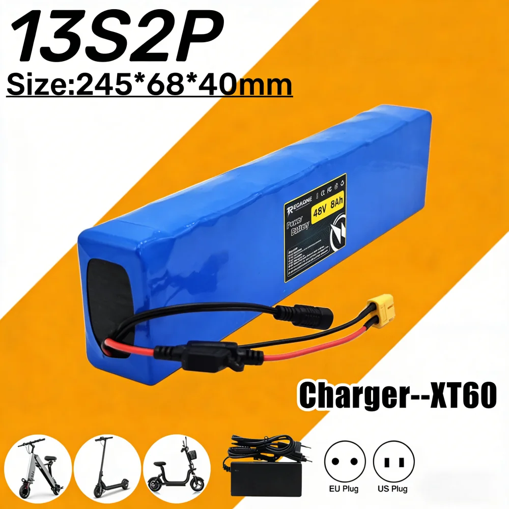 18650 lithium battery pack 48V 8Ah 13S2P with built-in BMS,suitable for 150-350W scooter car and motorcycle DIY kit power supply