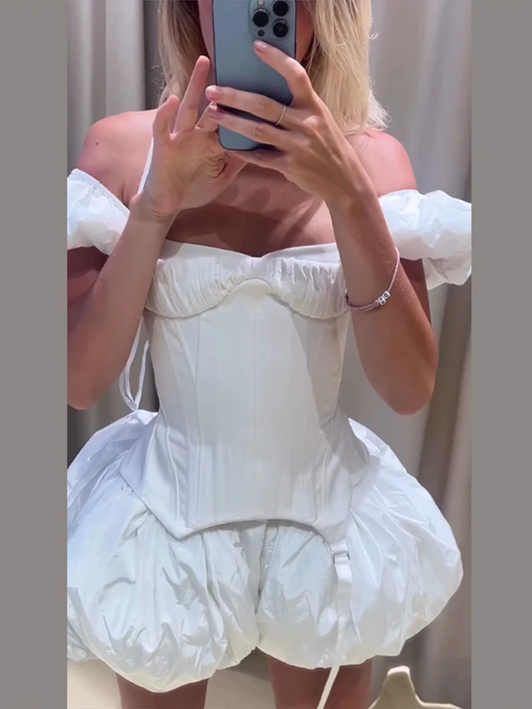 Puffärmel-Korsett-Tops und kurze Hosen-Sets für Damen, sexy Schnür-Tops mit Taillenbetonung, plissierte Shorts, charmante Partykleidung für Damen – Detail 3