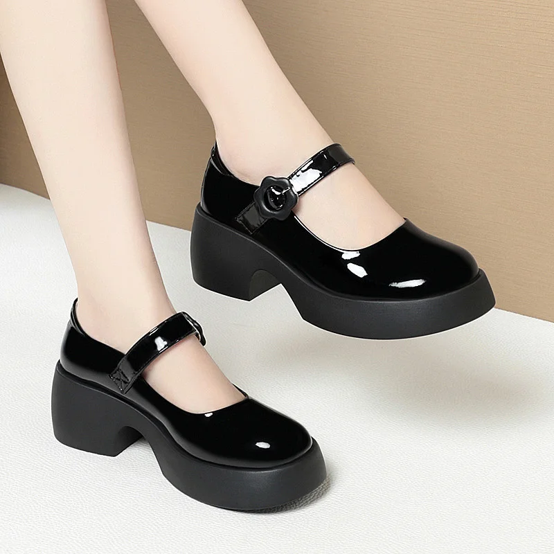 Women\'s Buckle Platform Pumps Round Toe High Heel Mary Jane Shoes 2024 New Elegant Anti-slip Black Soft Leather Single Shoes