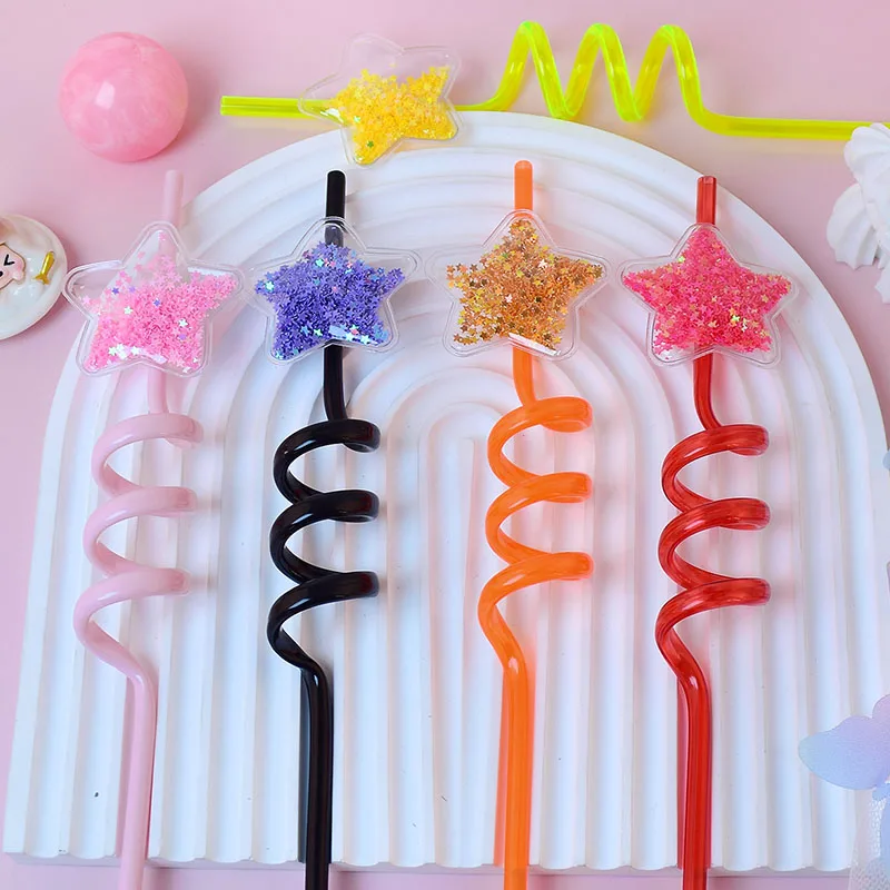 8pcs star-shaped spiral straws with glitter accents—drinking straws and star-shaped birthday party favors