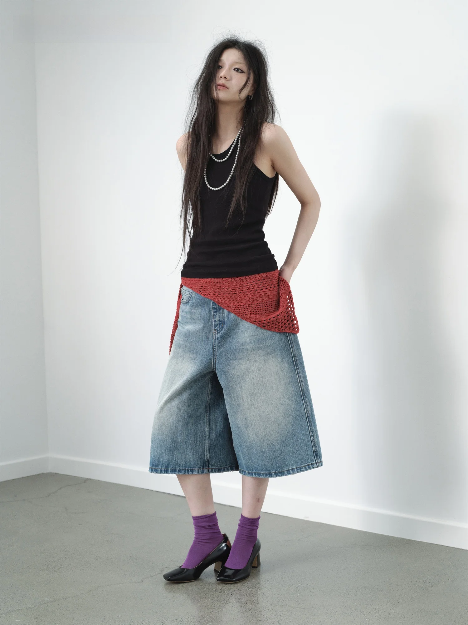 

VERMO Summer Style Casual Loose Fit Denim Shorts Washed Vertical Bamboo Texture And Cool Vintage Look Wide Leg Jeans