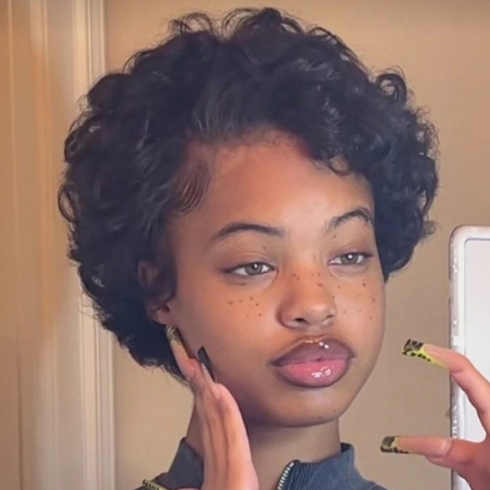 قصيرة عابث قطع شعر مستعار 13 × 1 الدانتيل الجبهة باروكة من شعر طبيعي تجعيد الشعر فضفاض للنساء السود البرازيلي شعر ريمي شعر بشري مجعد شعر مستعار غلويليس