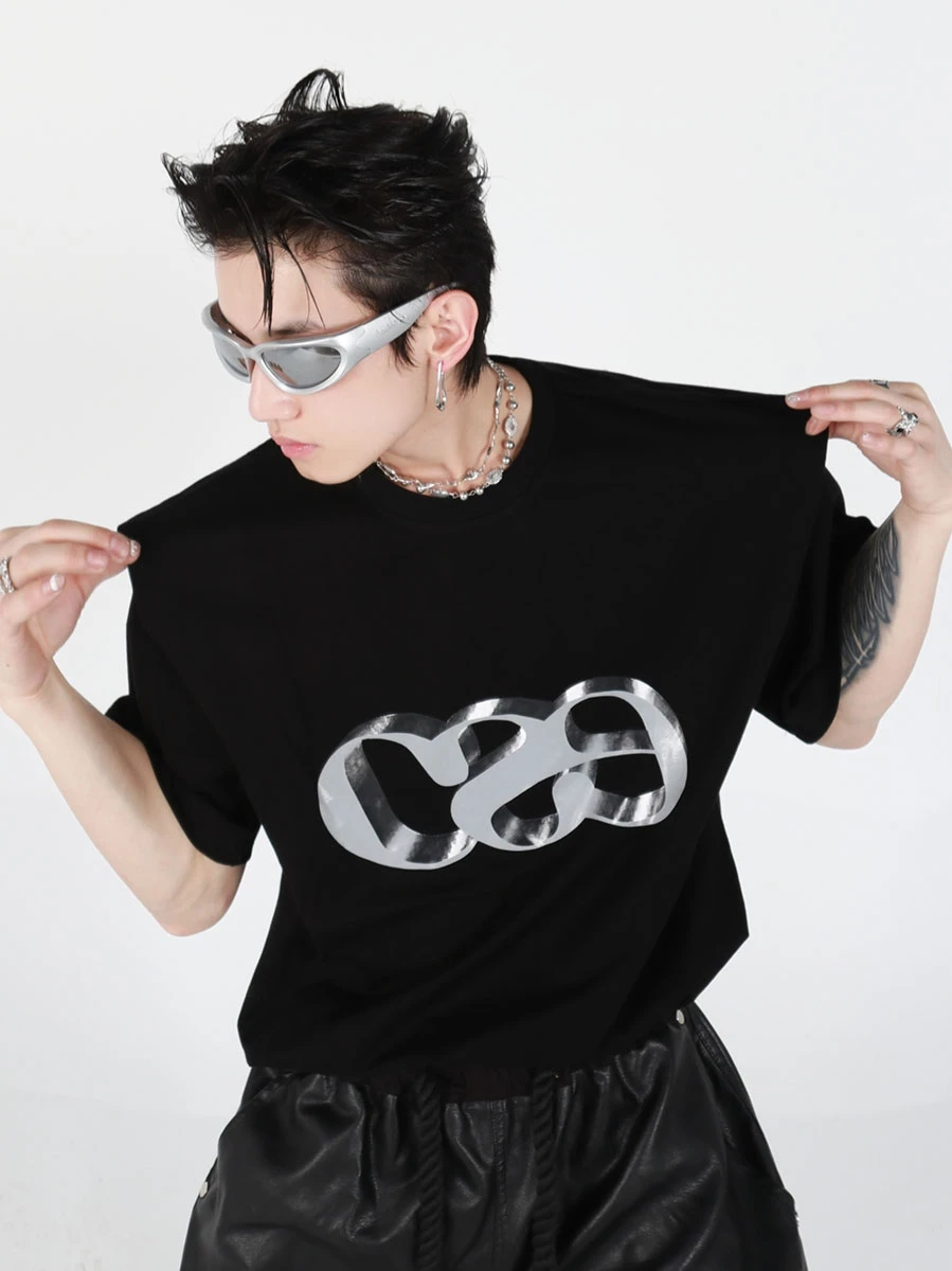Summer Trendy Metal Letter Print Design Loose Fit Short Sleeve T-Shirt for Men Breathable Cotton Comfortable Antibacterial