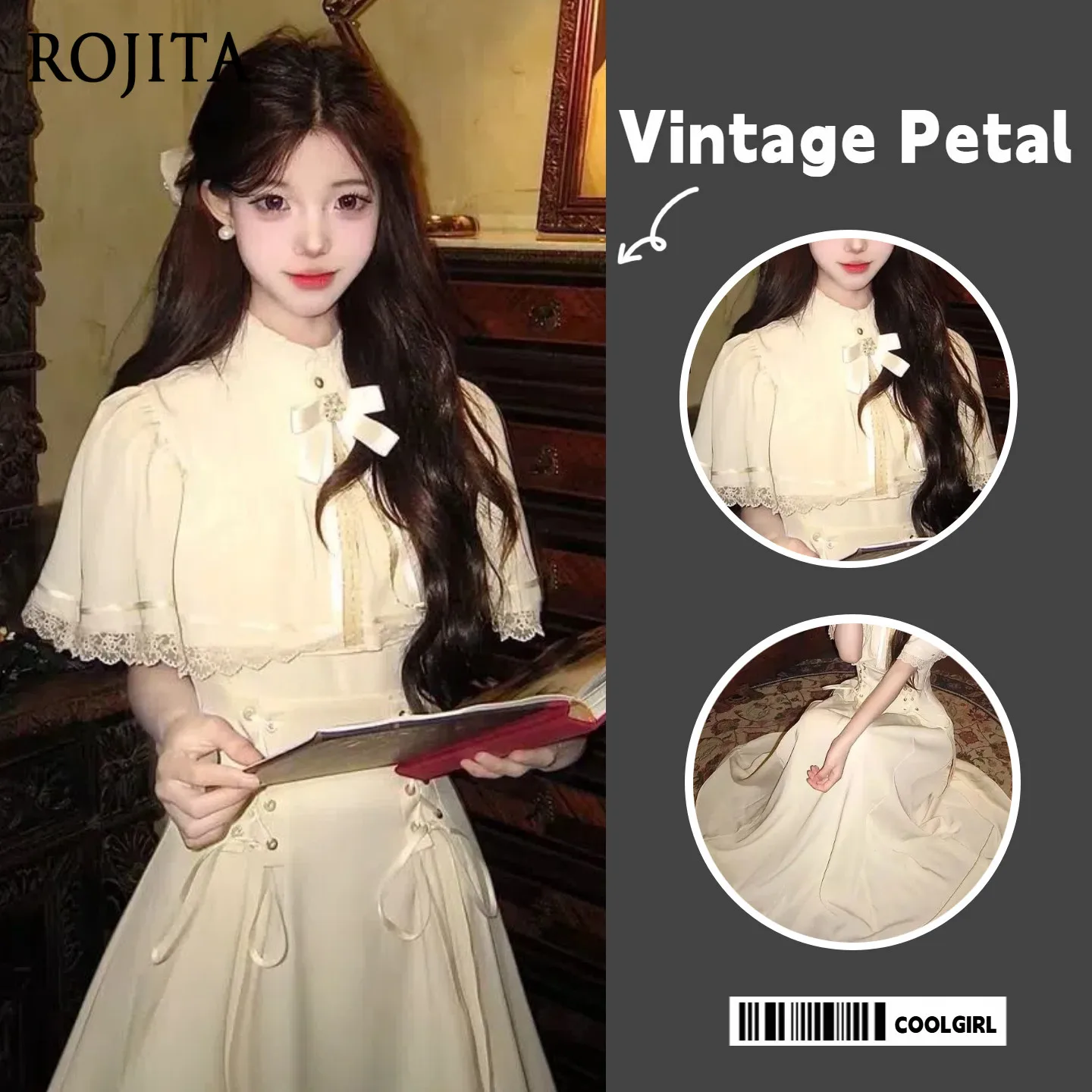 

Vintage Cream White Gothic Lolita Dress Japanese Girl Sweet Waist Thin Dress Ruffle Collar Puff Sleeve High Waist A-Line Dress