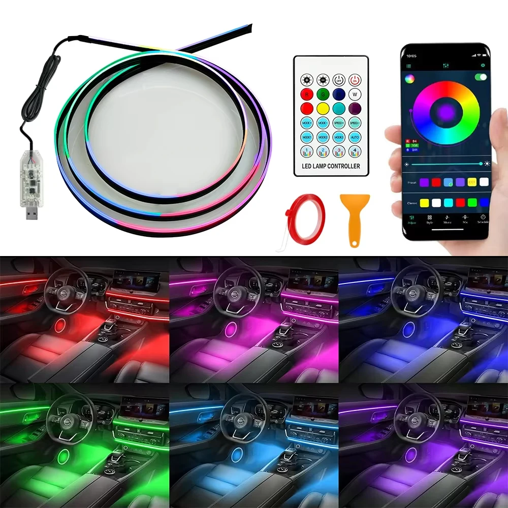 43.31 inch Streamer Car Ambient Lights RGB 64 Color Universal LED Interior Hidden Under Acrylic Strip Symphony Atmosphere Lamp