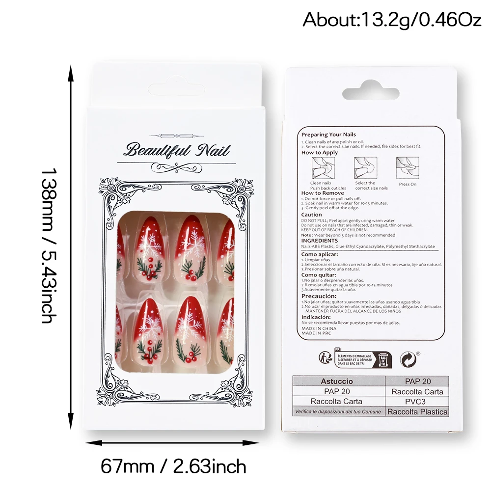 24 stuks Red Berry Holly Christmas Press On Nails Medium Amandel Franse nepnagels Witte Sneeuwvalken Dot Design Wearable Valse nagels