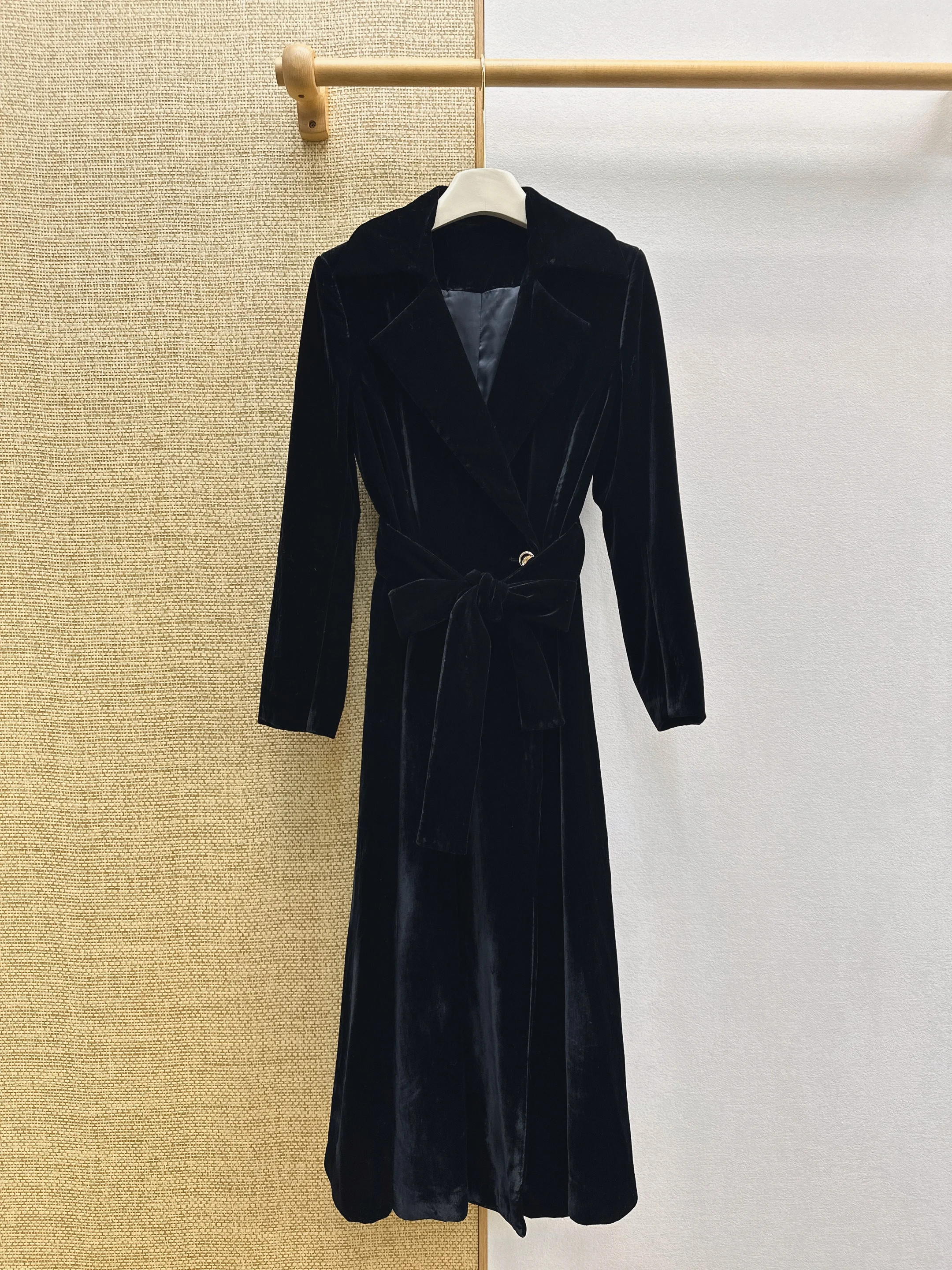 Women Autumn Winter New Black Velvet Long Coat, Premium Silky Fabric, Elegant Flared Hem, Retro Vibe