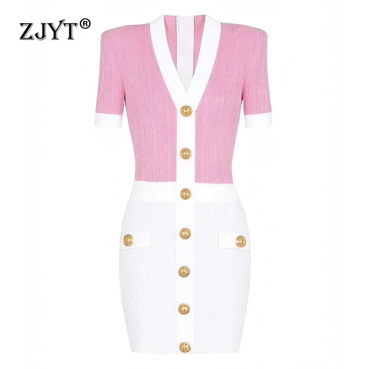 

ZJYT New Women's Summer V Neck Contrast Color Knitting Dresses Sweaters Elegant Short Sleeve Sheath Party Dress Office Work Wear