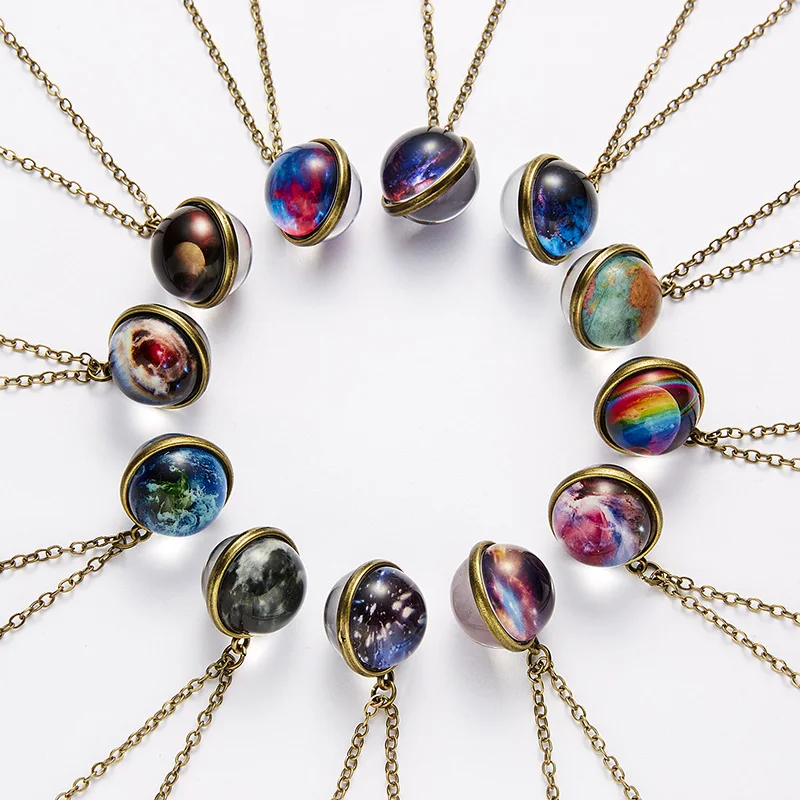 Double Sided Universe Galaxy Nebula Planet Glass Ball Pendant Necklace For Women Men Boys Girls