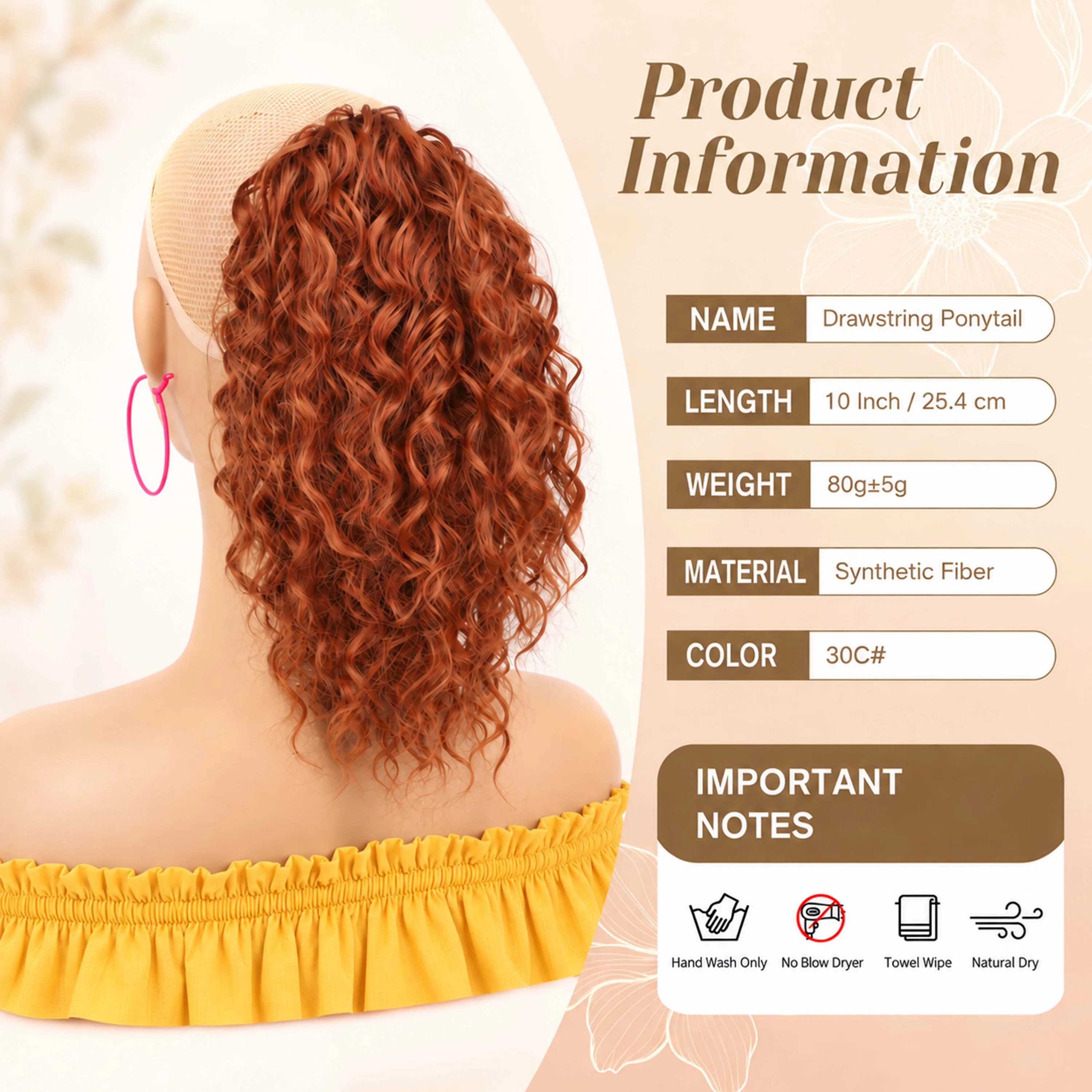 10 inch Orange Deep Ponytail Short Wavy Curly Pony Tails Hair for Extension Drawstring for White Women Fluffy Natural Looking