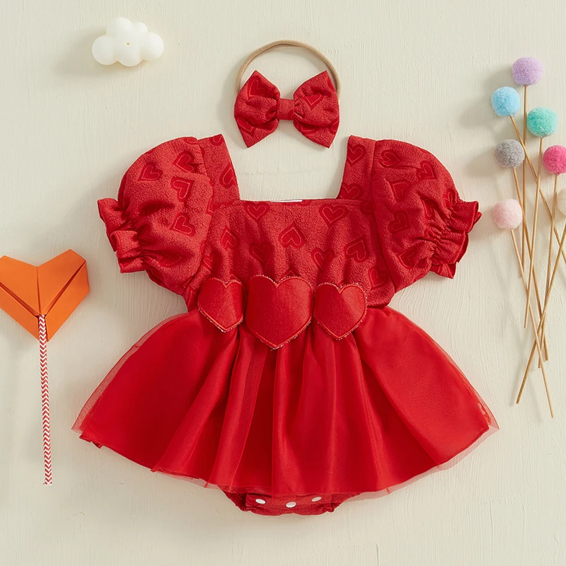 0-18M Baby Girls Summer Romper Dress Short Puff Sleeve Square Neck Heart Pattern Jumpsuit with Bow Headband