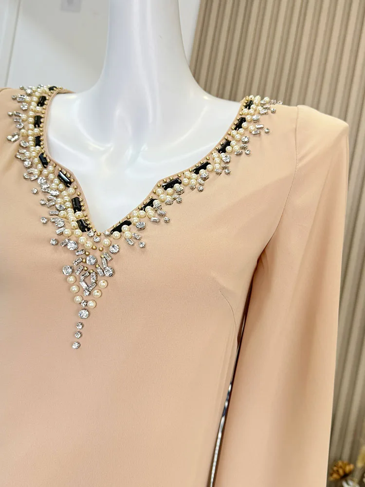 French Elegance Luxury O-Neck Beading Design One-Piece Frocks Autumn 2024 Women Party Prom Sweet Romantic Mini Straight Dress