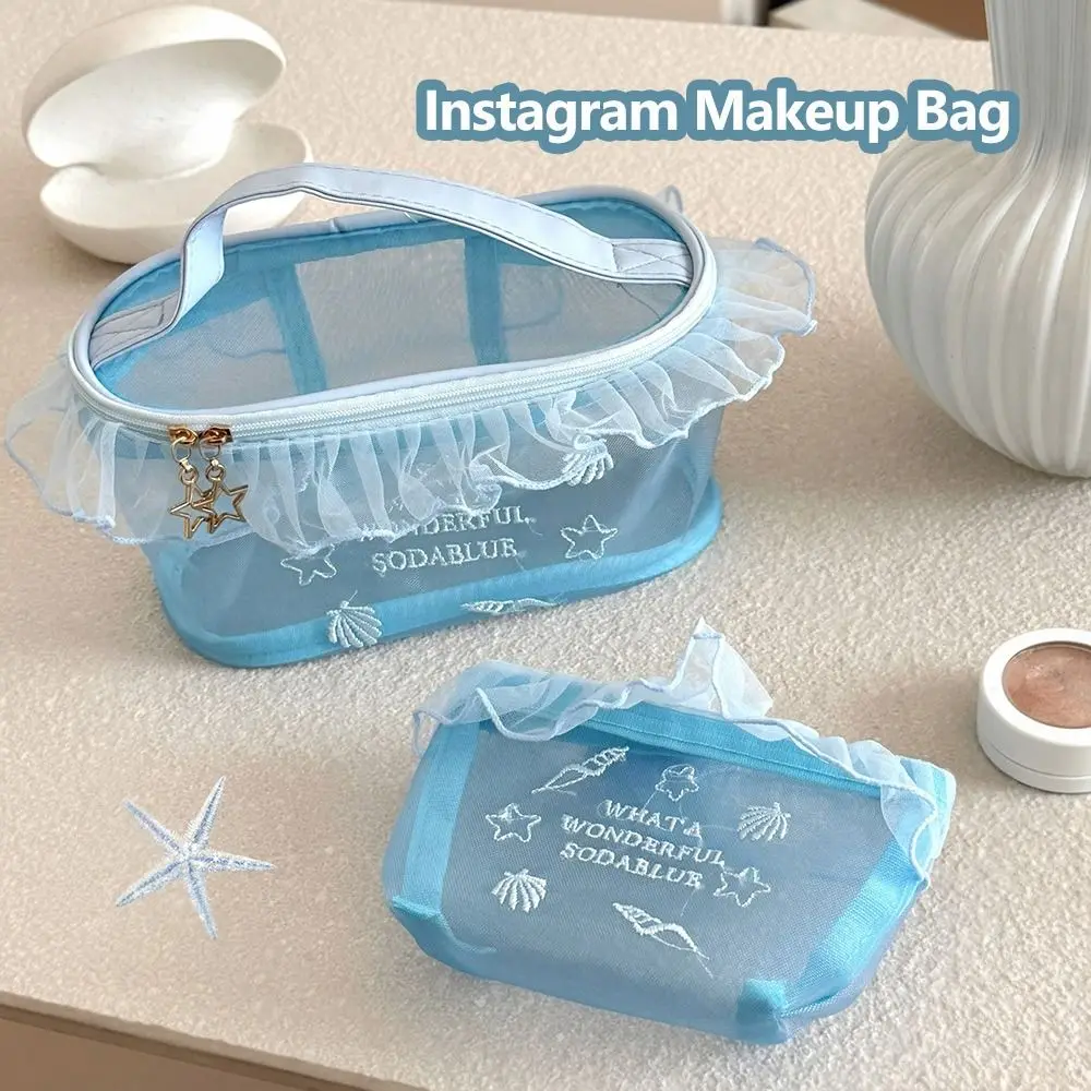 New Blue Series Mesh Bag Embroidered Zipper Closure Makeup Bag Large Capacity Toiletry Bag Home Travel
