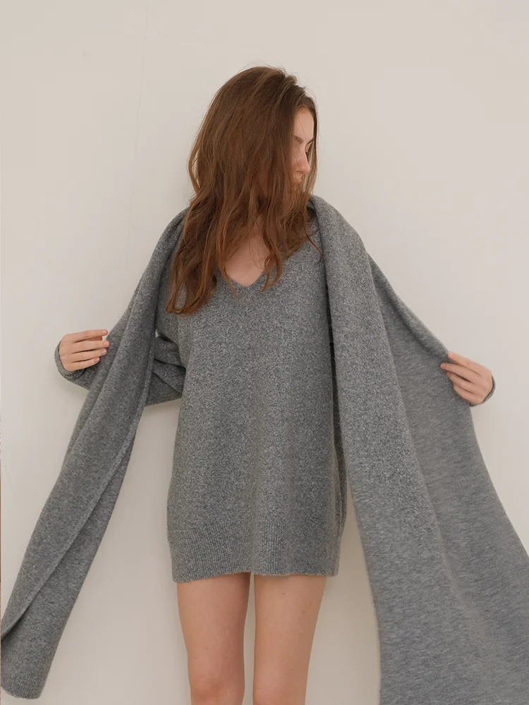 

Loose V-Ne Mid-Length Wool Knitted Sweater Set Women's Lazy Sle FRE up Comfortable Polyester Blend Long Sve Top with...