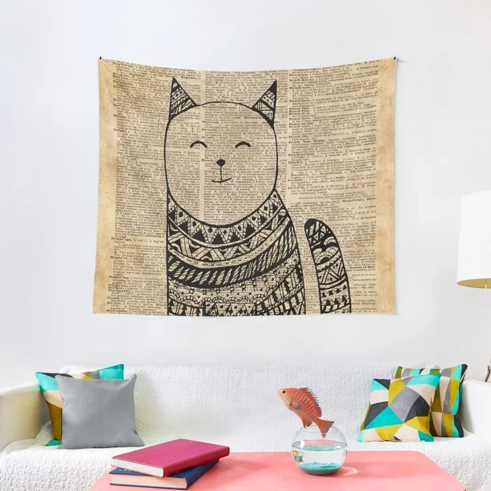 

Smiling Cat Pen & Ink Zentagle Dictionary Art Tapestry Room Decorating Aesthetic Wallpaper Bedroom Decoration Home Tapestry