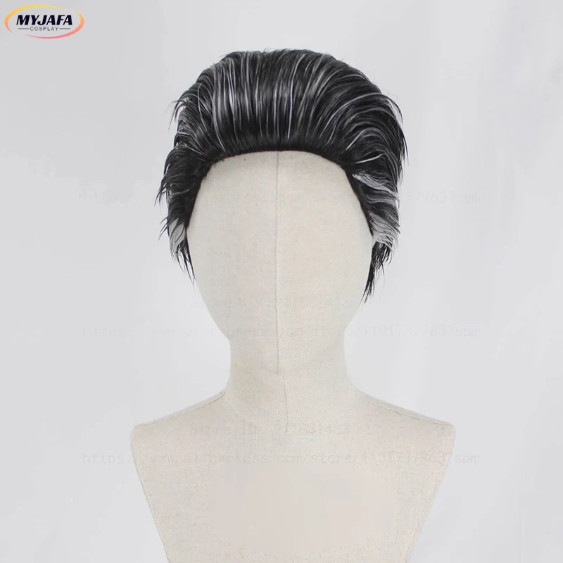 Game LOL Arcane Silco Cosplay Wig Short Black Silver Slicked Back Heat Resistant Synthetic Hair Anime Cosplay Wigs + Wig Cap