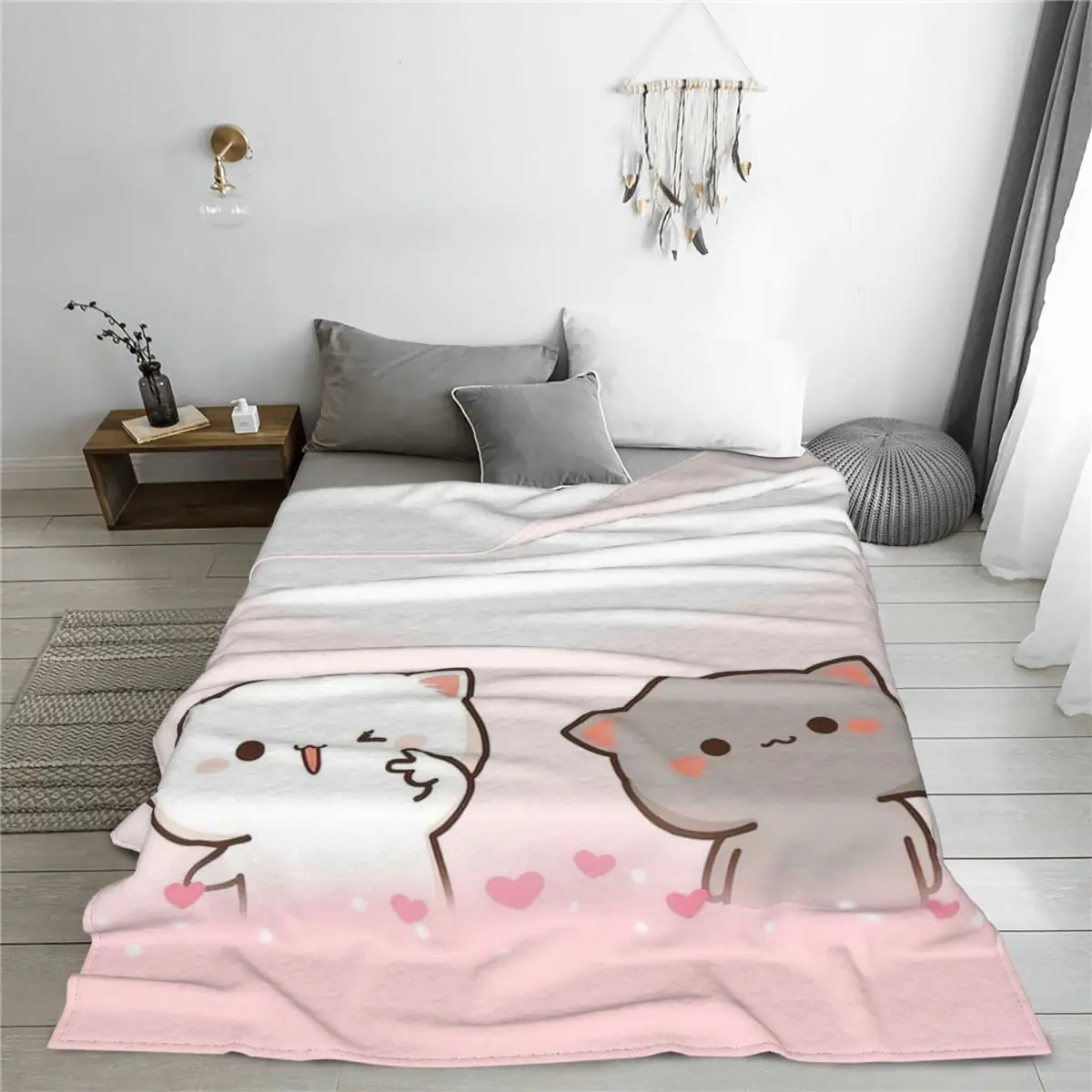 Pink Love Peach And Goma Blankets Cartoon Mocha Mochi Cat Flannel Novelty Warm Throw Blanket for Home Autumn/Winter