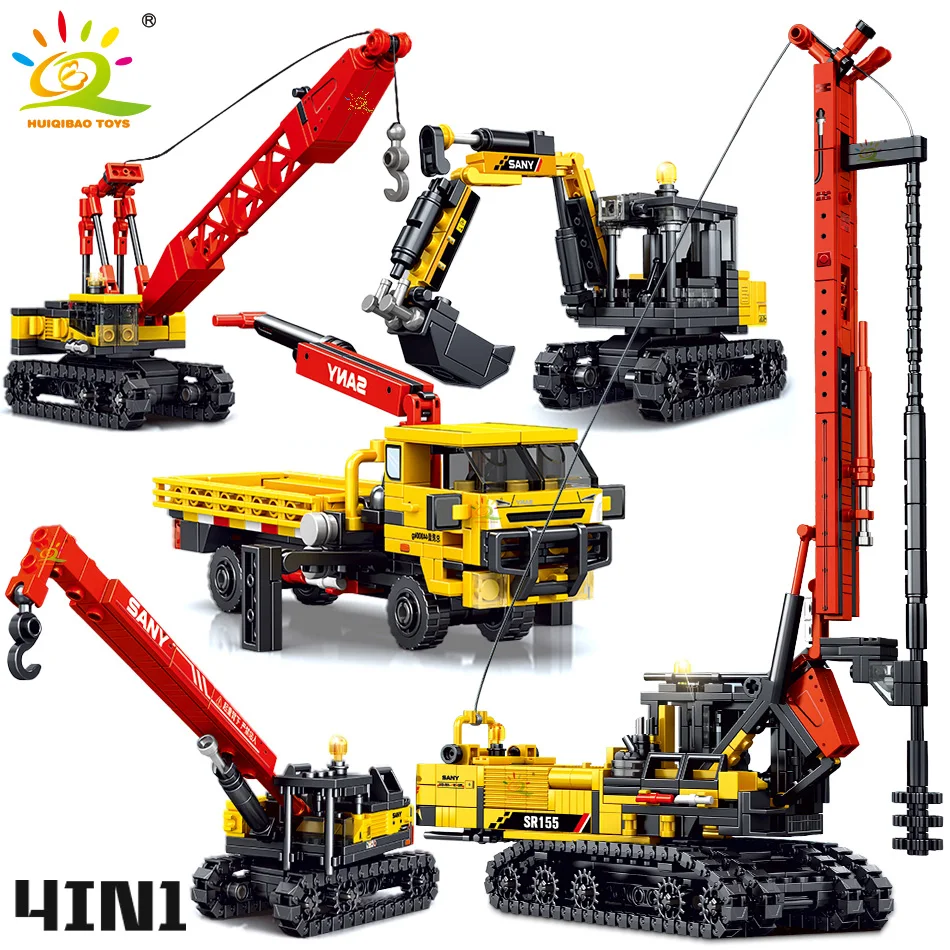 HUIQIBAO 884PCS 4in1 Engineering Piling Machine Building Block Crane Excavator Car City Construction MOC Bricks Set For Children