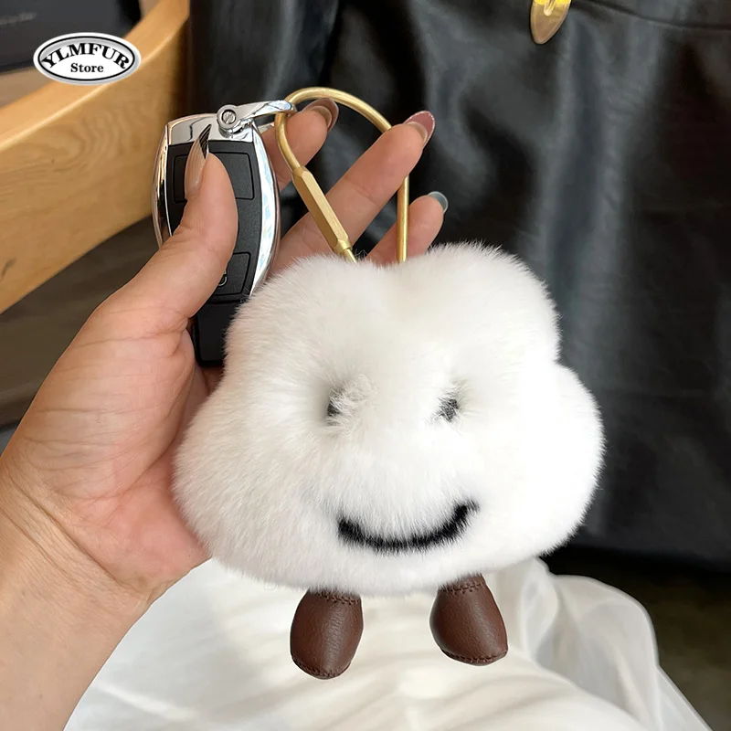Cute Rex Rabbit Fur Smile Cloud Keychain Plush Stuffed Doll Toy Keyring Backpack Bag Pendant Car Key Chains for Women Girls Gift