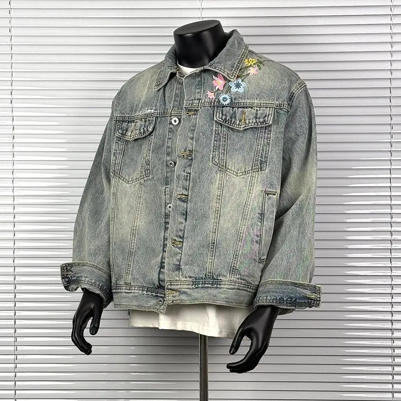Men's Floral Pattern Denim Jacket Autumn Young Boys Street Style Retro Cardigan Male Chic Single-breasted Long Sleeved Coat