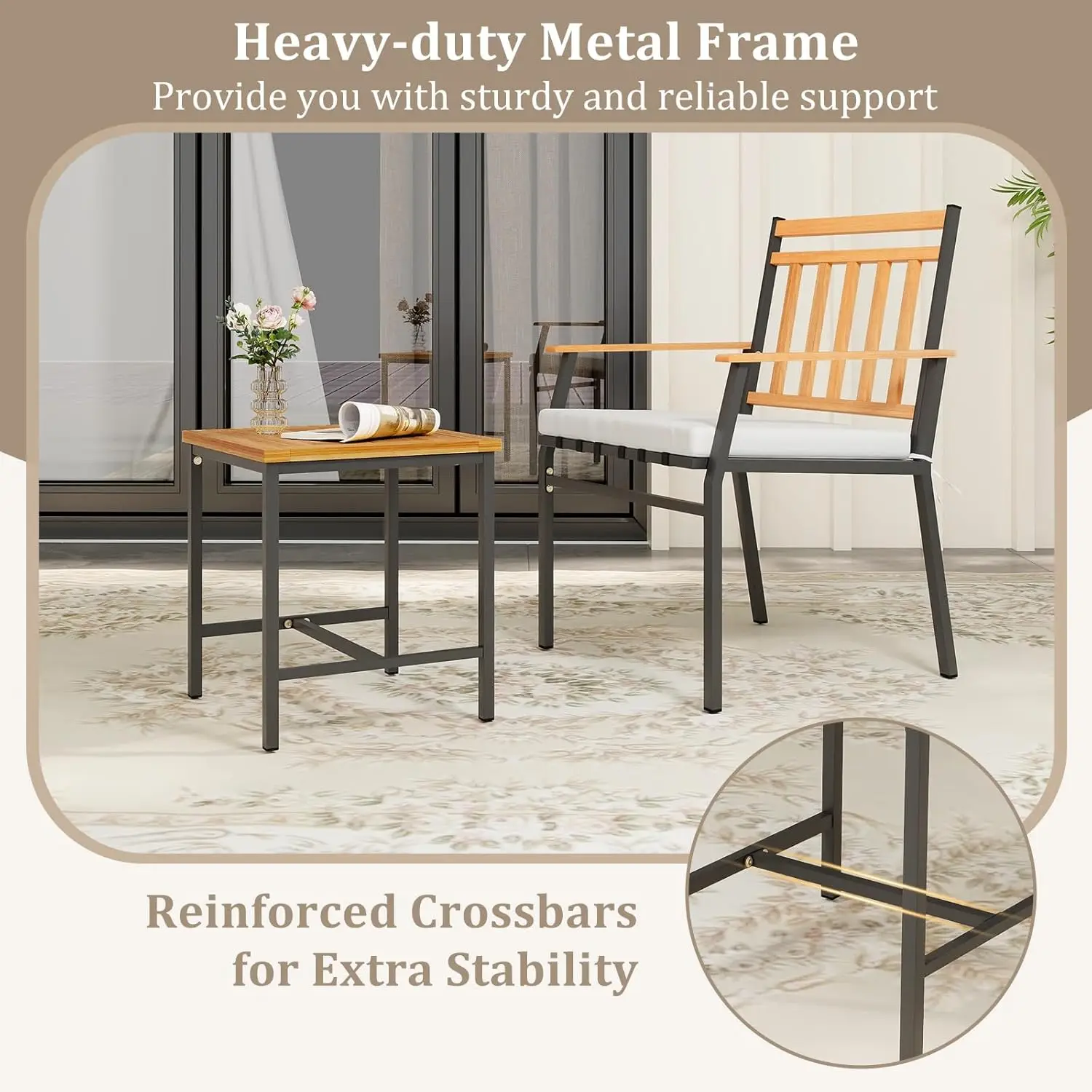 طقم بيسترو من خشب السنط مكون من 3 قطع، طقم محادثة للفناء مع وسائد وطاولة قهوة، طقم طاولة وكراسي بيسترو خارجية لـ