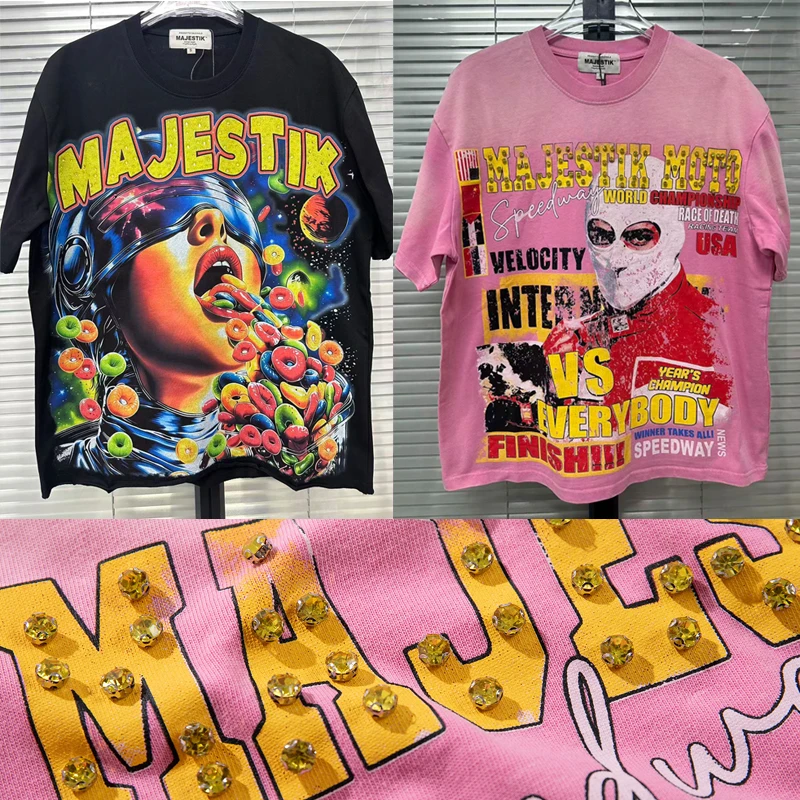 2026 New Style American Trend MAJESTIK T-shirt Retro Washed Do Old Glittering Embroidery Majestik Short Sleeves Tops