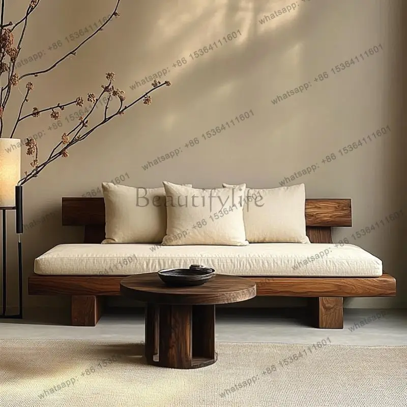 Wabi Sand Wind Ash Solid Wood Sofa Furniture Japanese Log Straight Row Three-person Sofa