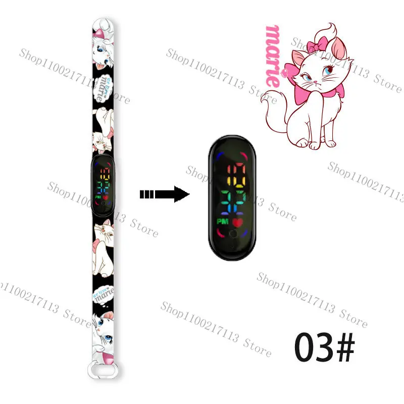 Disney The Aristocats children's watches cartoon character Marie Cat LED Waterproof Electronic Sports Bracelet Watch kids gifts