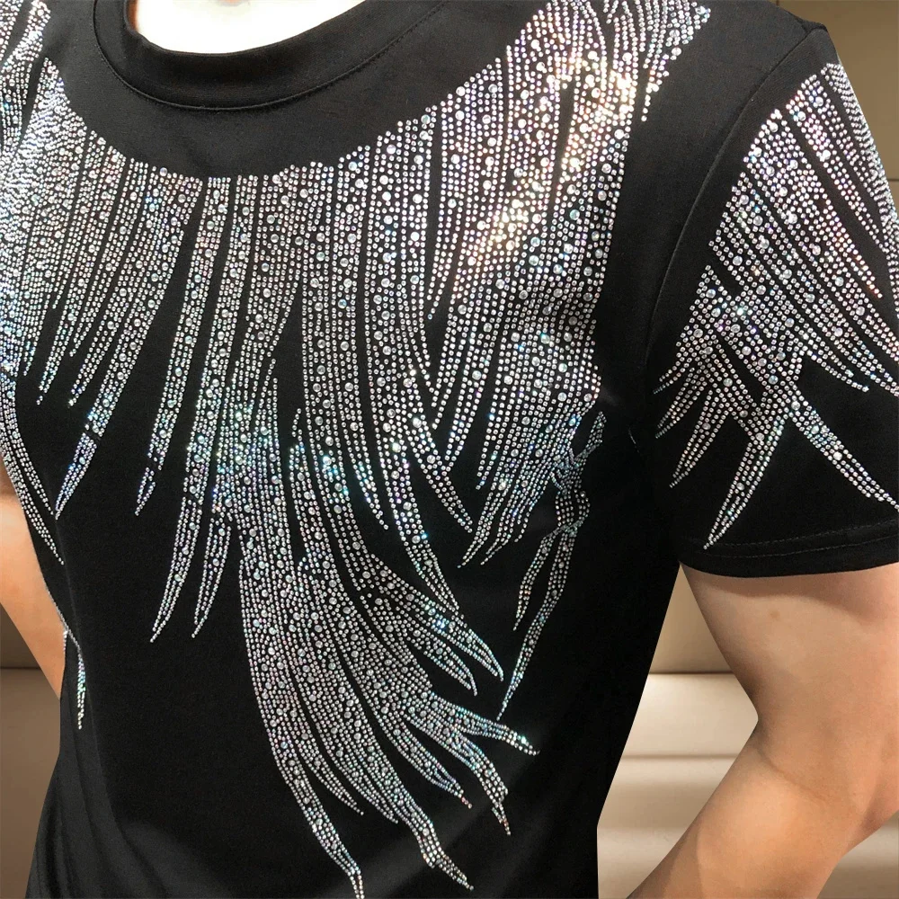 Diamond Tassel Tshirt Short Sleeve Streetwear Men Top Quality Tees Camisetas Hombre Rhinestone Casual O-Neck Tee Shirt Homme