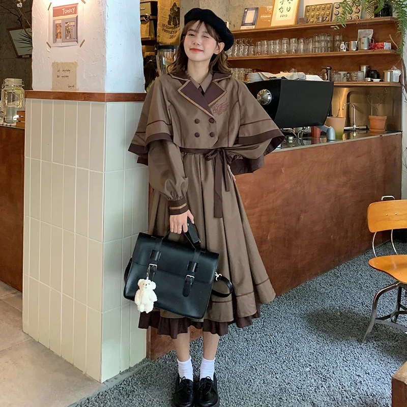 Retro Japanese Women Dresses Preppy Style Elegant Flounced Edge Lantern Sleeve Notched Girls JK Dress Pleated Solid Female Dress