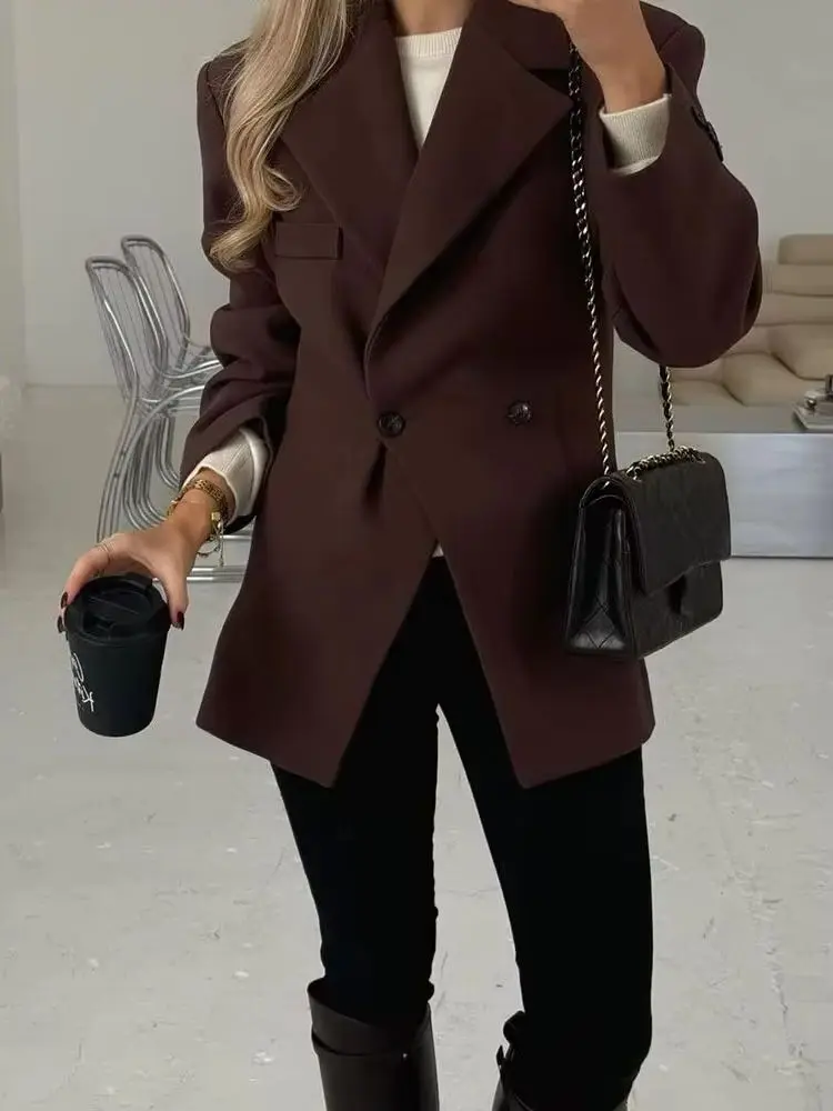 HH Women New Fashion Double Breasted Long Sleeve Hem Slit Blazer Female Simple Commuter Versatile Casual Waist Slim Jacket Mujer