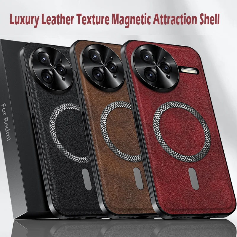 

Luxury PU Leather Phone Case For Xiaomi Poco F7 Ultra F7 Pro Magsafe Magnetic Metal Ring Lens Protection Shockproof Cover