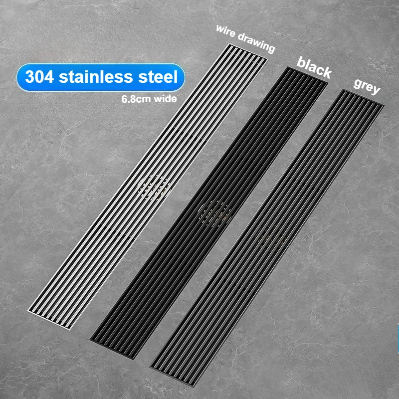 

Bathroom shower gray long strip floor drain, black 50cm long, bathroom room 6.8cm wide displacement deodorant floor drain