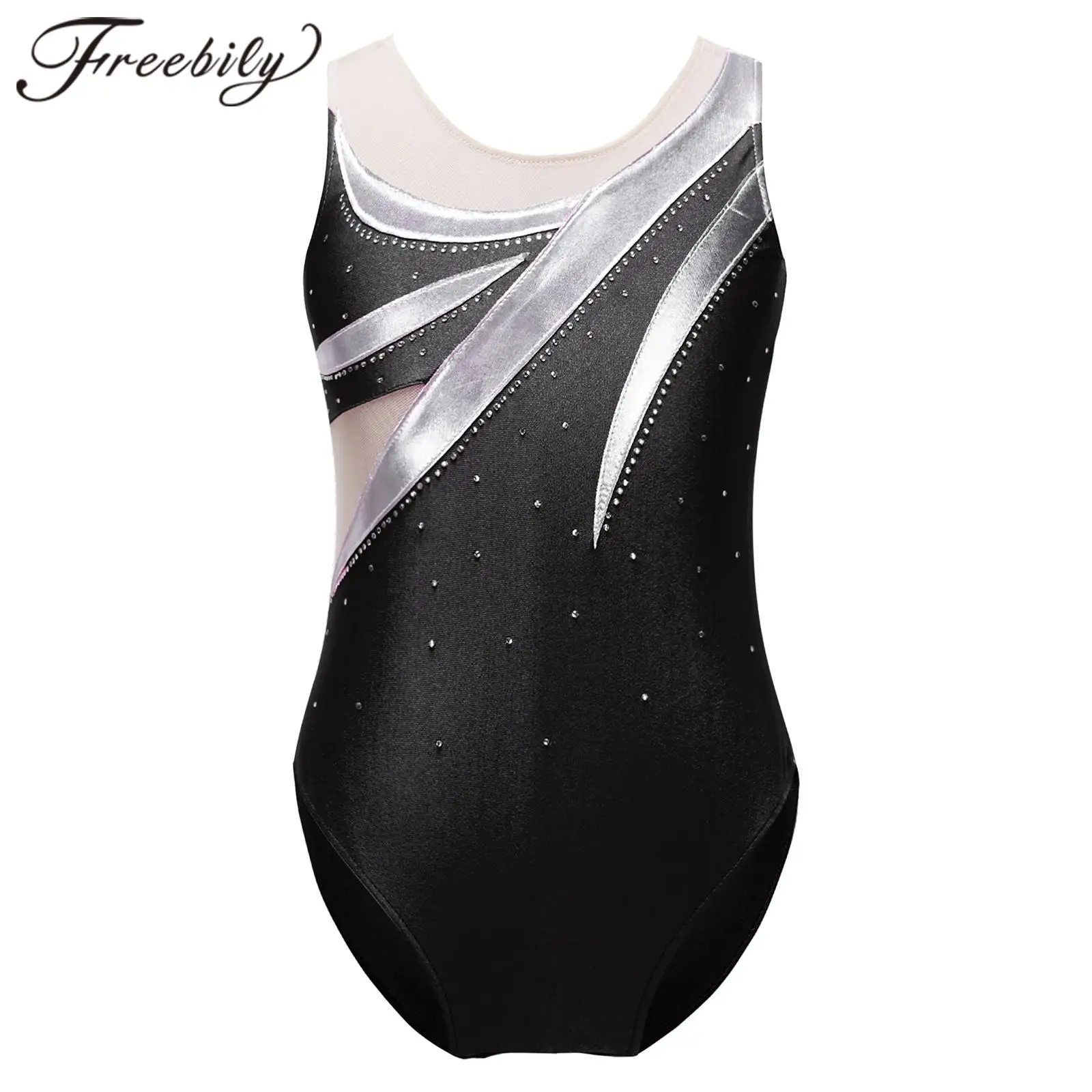 Kids Girls Shiny Rhinestone Metallic Ballet Tutu Gymnastics Leotard Figure Skating Dancing Jumpsuit Childs Gymnastic Bodysuit