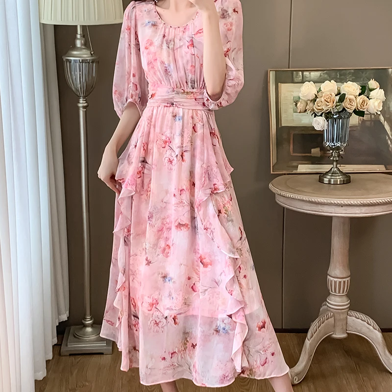 

Summer Pink Gorgeous Flower Chiffon Holiday Midi Dress Chic Fashion Women Beaded O Neck Puff Sleeve Ruffles Print Boho Clothes