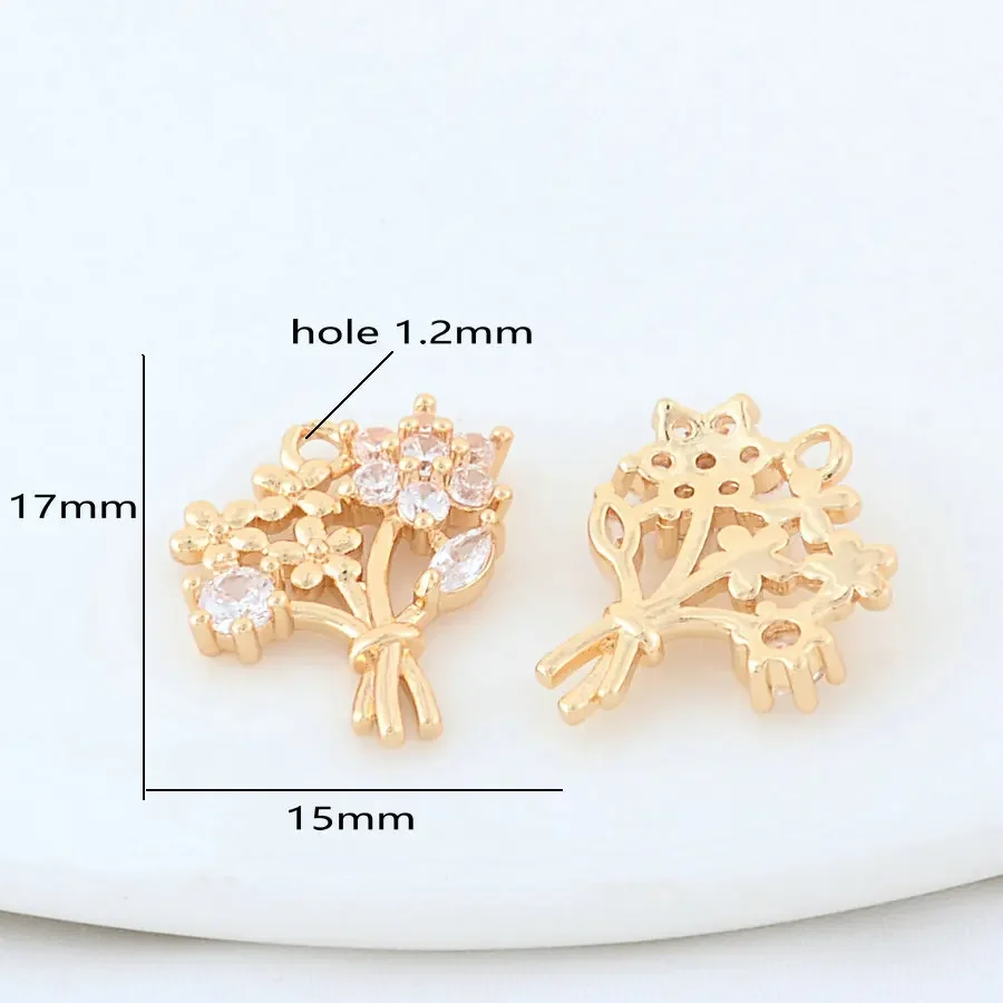 6PCS 15*17MM 14K Gold Color Brass with Zircon Flowers Charms Pendants Necklace Earrings Jewelry Making Supplies Accessories