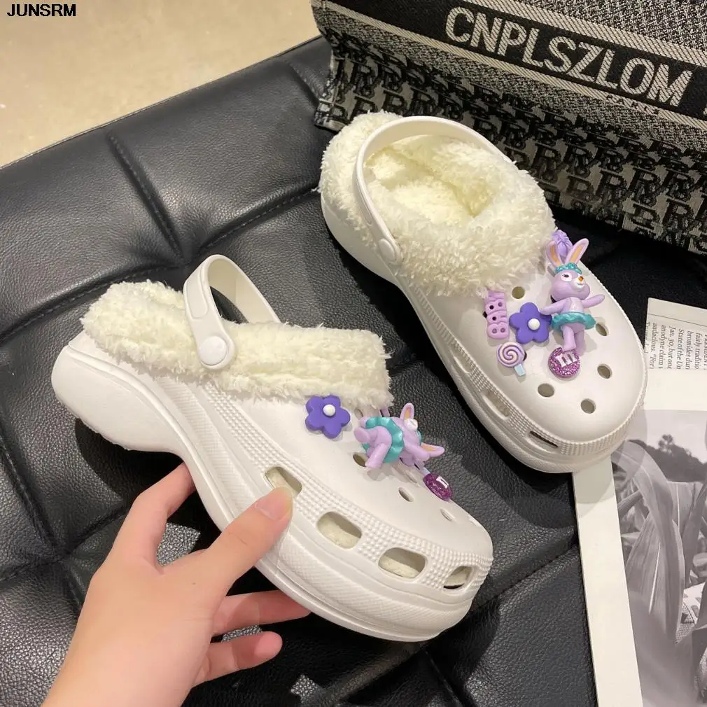 Hot Women Slippers 6cm Platform Warm Furry Clogs Slippers with Charms Indoor Home Cotton Shoes Fluff Fur Slides Plush Sandals