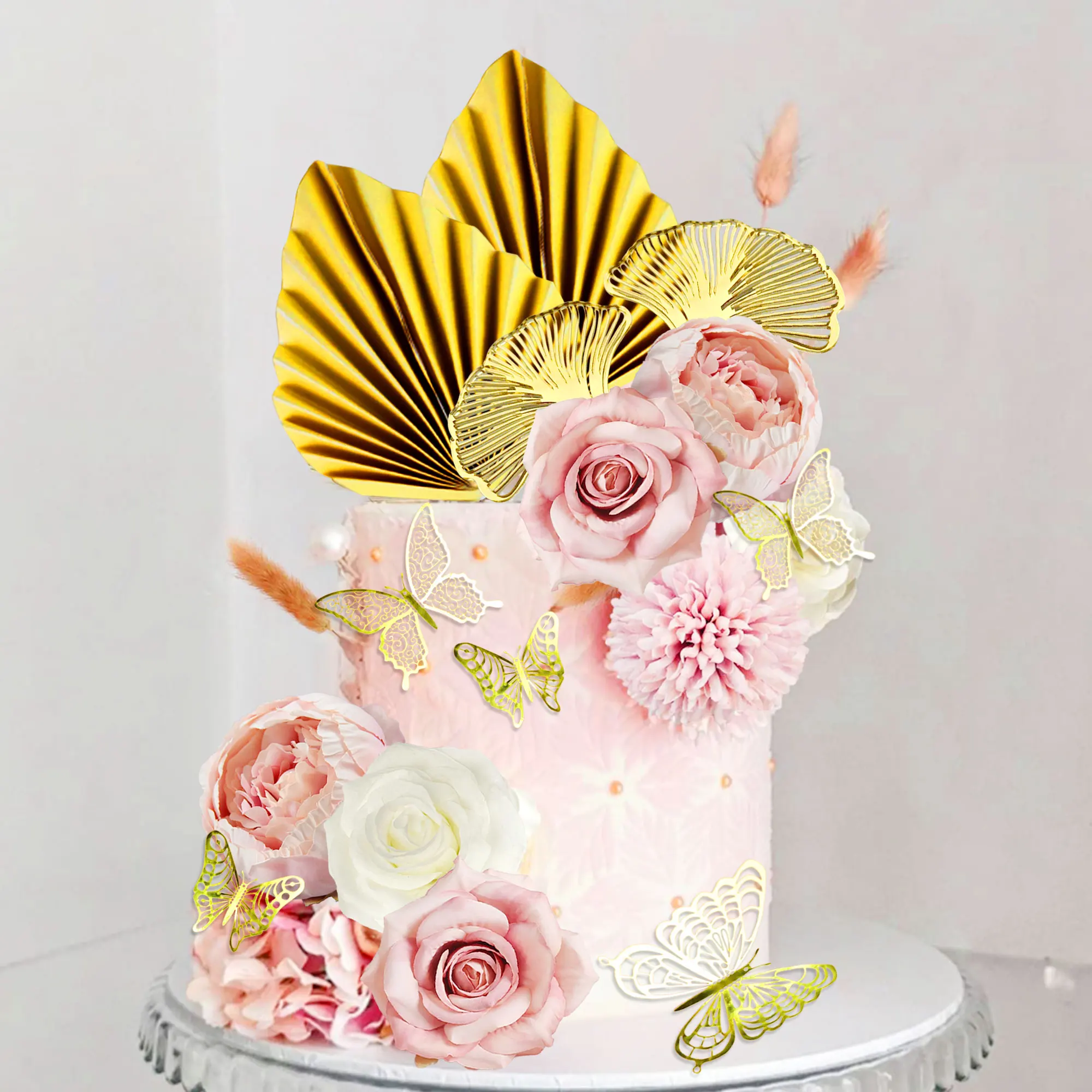 زينة كعكة زهرة لافينتي، زينة كعكة بيضاء وردية، أوراق النخيل، فراشة لمستلزمات الزفاف في عيد الحب #3