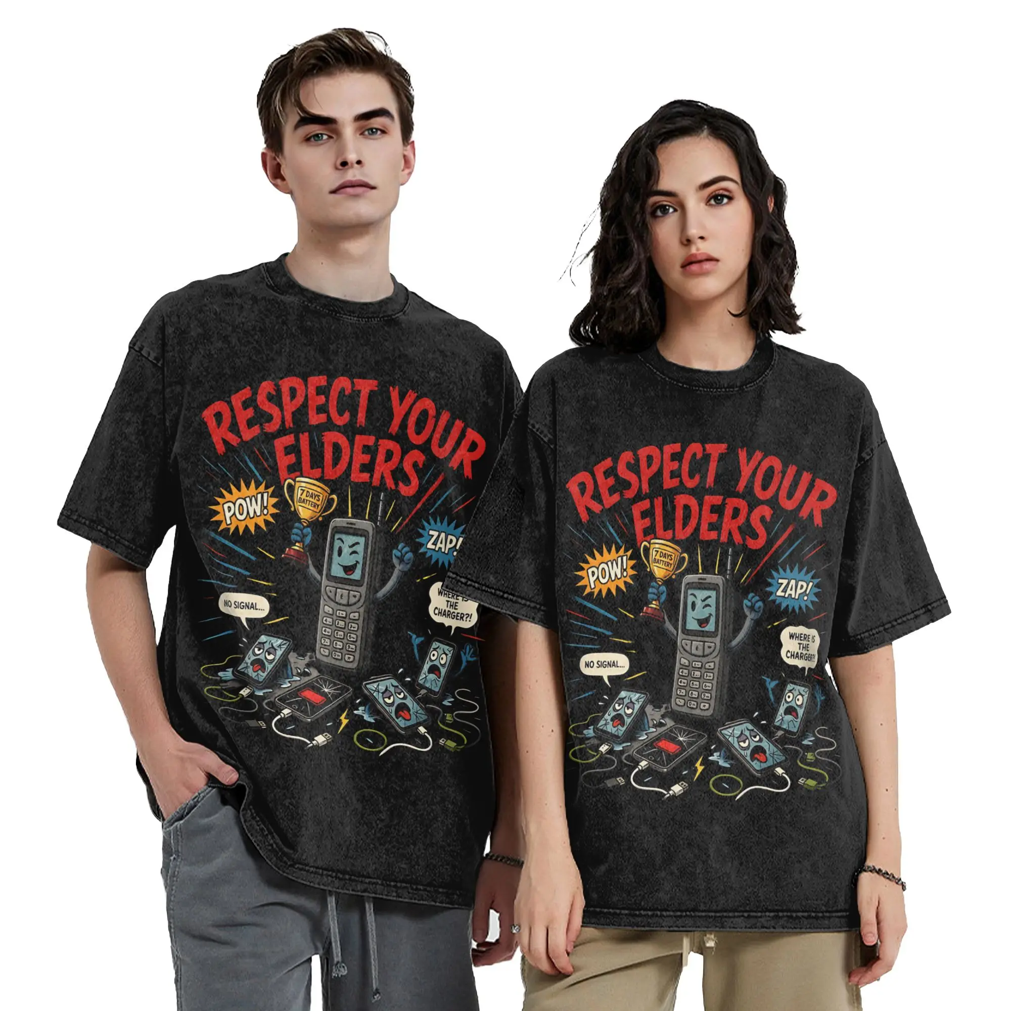 Respect Your Elders Phone  Vintage Washed T-Shirts Funny Pure Cotton Tees Round Neck Short Sleeve T Shirt Birthday Gift Clothing