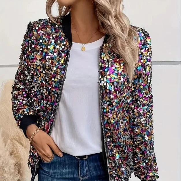 

Faionable Sequin Top Long Sve Spring Autumn Women's Clothing iny Sequins Elegance Polyester Fiber Slim Fit ort Coat