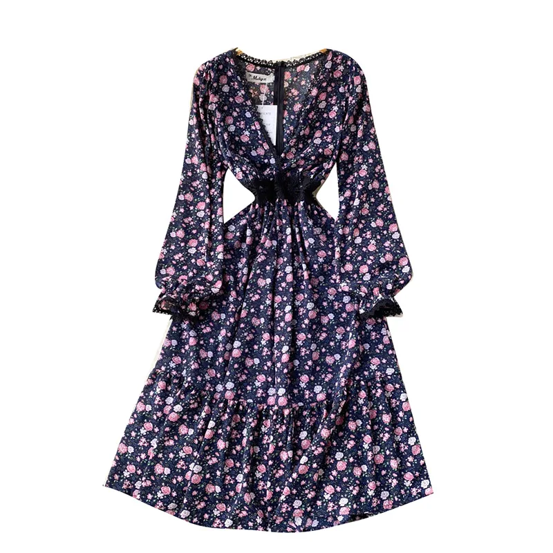 Nieuwe Zomer Bloemen Gedrukt Bohemian Jurken Vrouwen Vintage V-hals Zonnejurk Mid-Lengte Party Dress Lady Slim Lange Mouwen vestidos