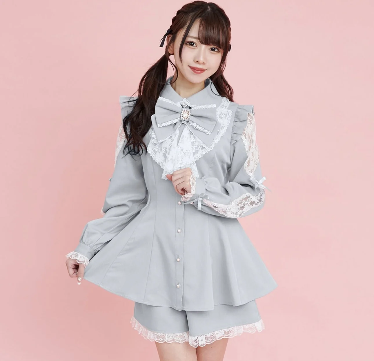 Lolita vestido com laço doce e shorts para mulheres, roupas femininas, manga comprida, estilo japonês, novo, kawaii, meu, emagrecedor, conjunto de 2 peças