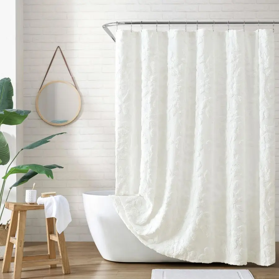 

100 Cotton Fabric Shower Curtain for Bathroom, 72 x 72 inches, White Chenille Laurel