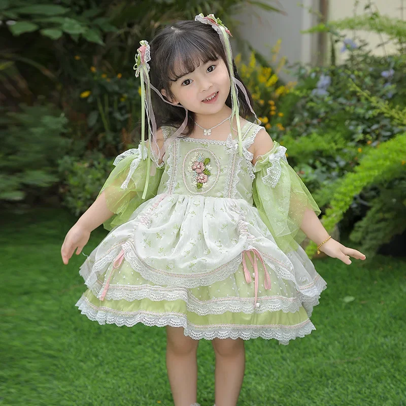 

2024 Green Flower Spanish Lolita Princess Girl Dress Children Clothing Matching Infant Birthday Party Clothes Baby Fairy Frocks