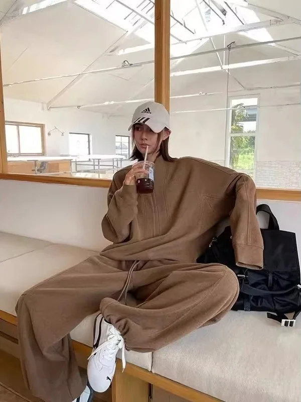 

Комплект из худи и брюк больших размеров для женщин: повседневный спортивный костюм на молнии с воротником, осенне-зимний, из двух предметов, для девушек больших размеров