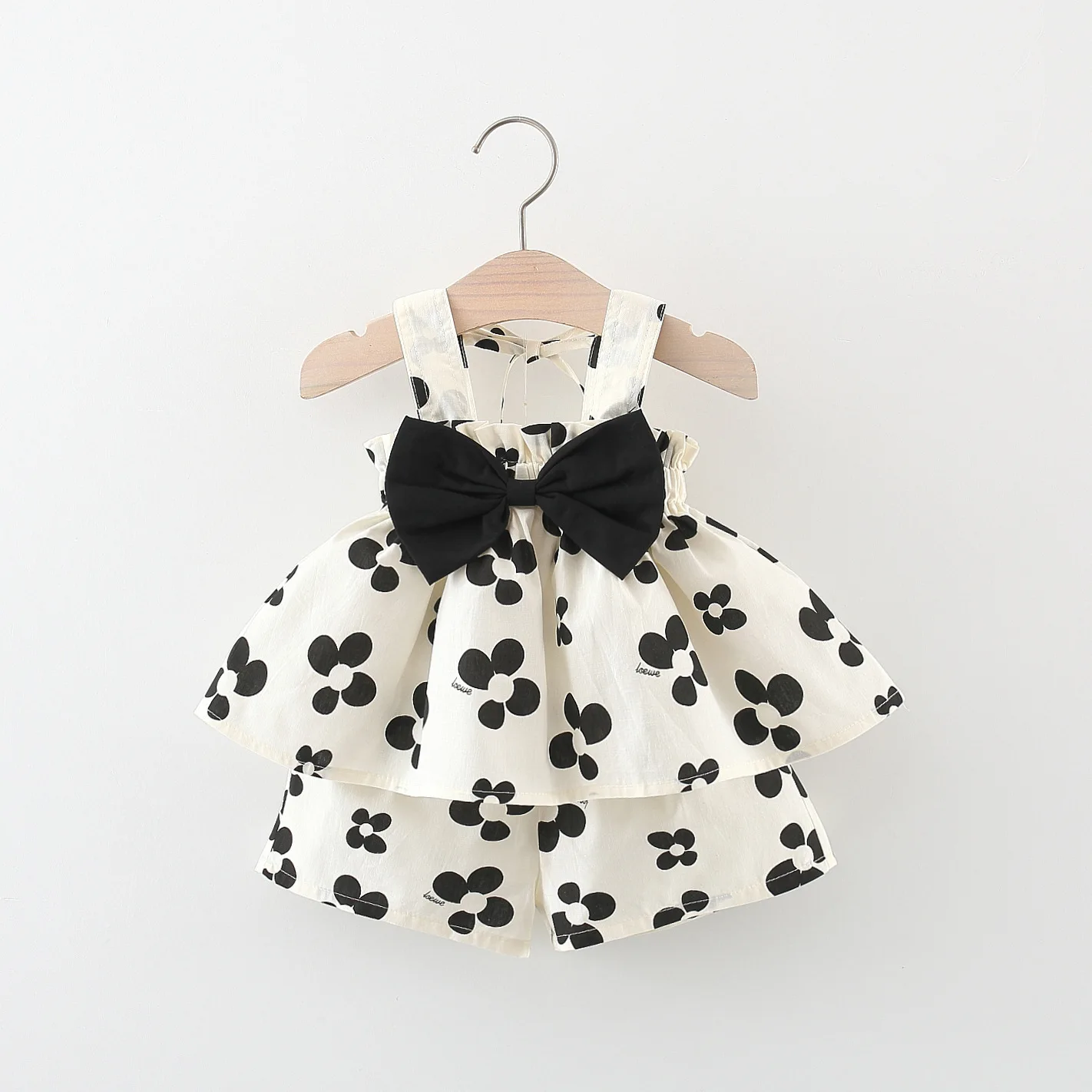 2Pcs/SetSummer girls set children's clothing bow and suspender top shorts sweet printed two-piece set